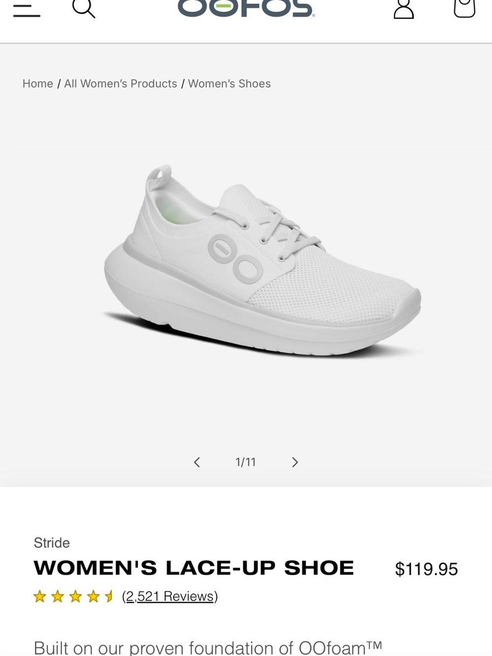 Worn once! OOFOS Stride Women's Lace-Up Sneaker — White